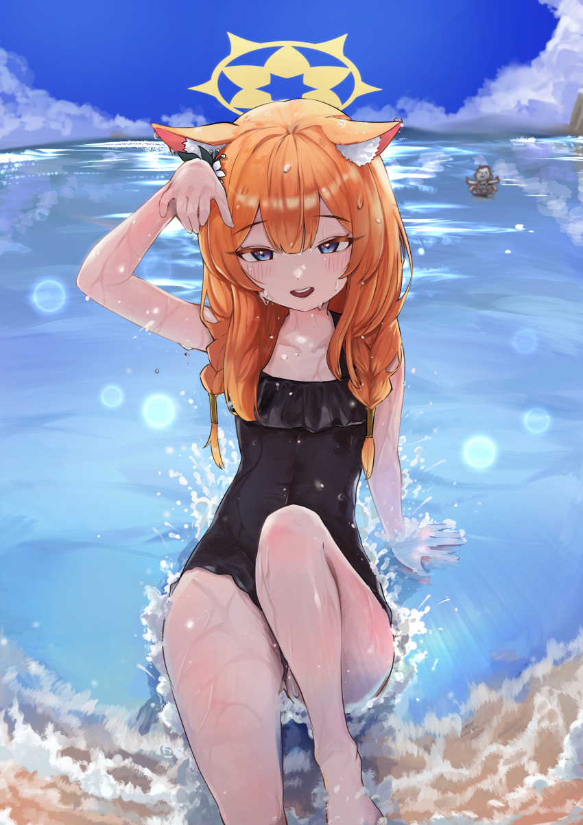 1boy 1girl absurdres animal_ears bare_arms bare_legs bare_shoulders black_one-piece_swimsuit blue_archive blue_eyes blush braid cat_ears day doodle_sensei_(blue_archive) flower hair_flower hair_ornament halo highres lir_(cuhc3357) long_hair looking_at_viewer mari_(blue_archive) mari_(swimsuit)_(blue_archive) ocean official_alternate_costume one-piece_swimsuit open_mouth orange_hair outdoors sensei_(blue_archive) smile swimsuit twin_braids wet white_flower yellow_halo