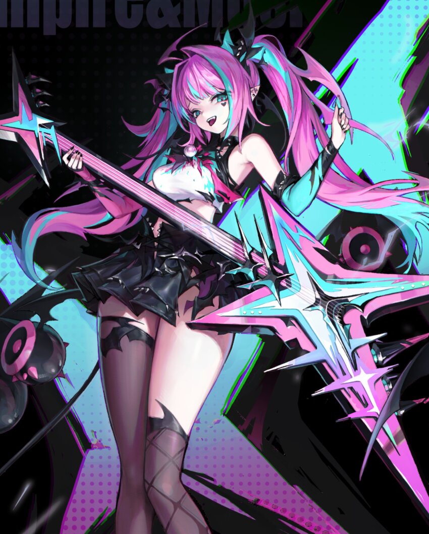 1girl ahoge aqua_hair asymmetrical_legwear bare_shoulders black_skirt blue_eyes blue_hair bow breasts crop_top demon_girl demon_horns detached_sleeves electric_guitar facial_mark fangs fingerless_gloves gloves gonduming guitar heart heart_facial_mark highres holding holding_instrument holding_plectrum horns instrument kneehighs long_hair looking_at_viewer medium_breasts miniskirt mismatched_legwear multicolored_hair nail_polish open_mouth original piercing pink_hair pink_nails plectrum pointy_ears shirt single_kneehigh single_sock single_thighhigh skirt sleeveless sleeveless_shirt smile socks solo speaker streaked_hair tail teeth thighhighs tongue tongue_out torn_clothes twintails two-tone_hair uneven_legwear upper_teeth_only very_long_hair virtual_youtuber white_shirt wings