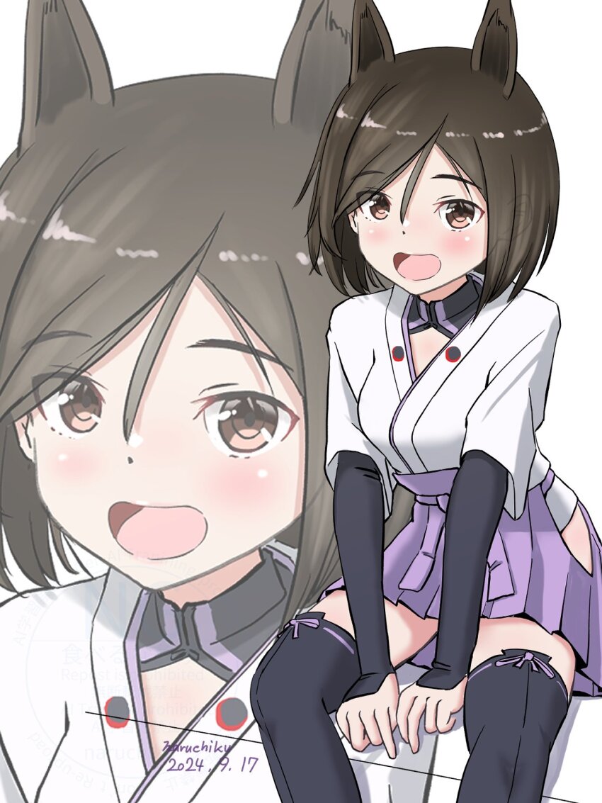 1girl animal_ears blush brown_eyes dog_ears dog_girl dog_tail hakama hakama_short_skirt hakama_skirt happy highres japanese_clothes kimono kuroda_kunika layered_sleeves long_sleeves looking_at_viewer naruchisukisuki noble_witches open_mouth simple_background sitting skirt solo tail white_background white_kimono world_witches_series