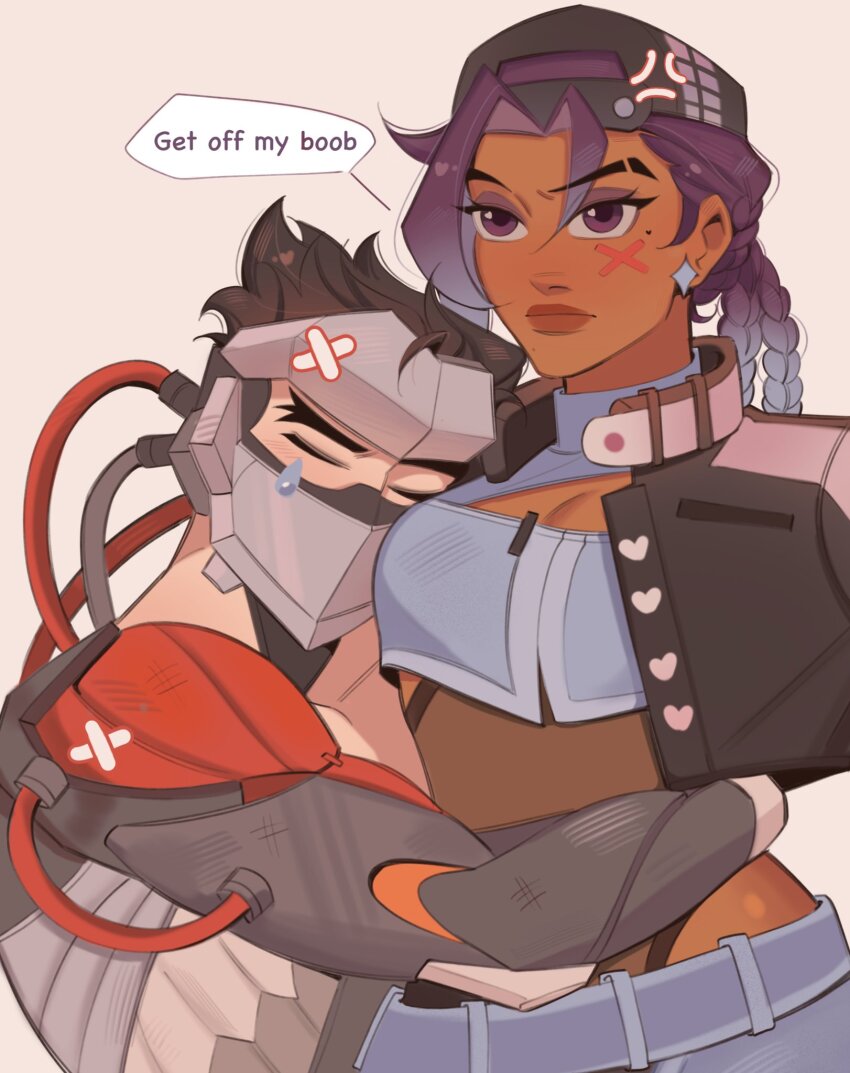 1boy 1girl backwards_hat bandaid baseball_cap black_hair black_hat black_jacket blackwatch_genji blue_pants blue_sports_bra braid breasts brown_lips cleavage cleavage_cutout closed_eyes closed_mouth clothing_cutout couple crop_top cropped_jacket cyborg dark-skinned_female dark_skin eyebrow_cut eyeshadow genji_(overwatch) hat head_on_chest hetero highres hug interracial jacket kaiwankon leotard leotard_under_clothes makeup mole mole_under_eye multiple_braids official_alternate_costume open_clothes open_jacket overwatch pants purple_eyes purple_eyeshadow purple_hair slay_star_sombra sombra_(overwatch) spiked_hair sports_bra teardrop upper_body