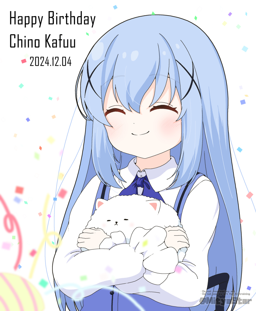 1girl ^_^ angora_rabbit animal animal_hug blue_bow blue_hair blue_vest blush bow character_name closed_eyes closed_mouth collared_shirt commentary commentary_request confetti dated employee_uniform english_commentary english_text gochuumon_wa_usagi_desu_ka? hair_between_eyes hair_ornament happy_birthday highres kafuu_chino long_hair long_sleeves mitya mixed-language_commentary puffy_long_sleeves puffy_sleeves rabbit rabbit_house_uniform shirt simple_background sleeves_past_wrists smile solo tippy_(gochiusa) twitter_username upper_body very_long_hair vest waitress watermark white_background white_shirt x_hair_ornament
