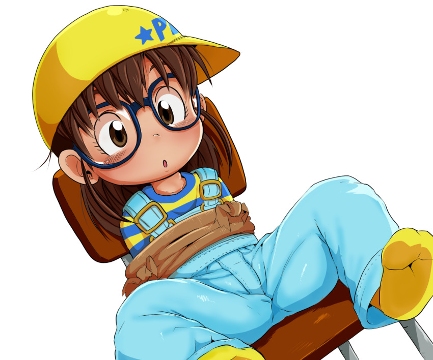 1girl brown_eyes brown_hair dagasi dr._slump female_focus glasses norimaki_arale overalls solo spread_legs tagme