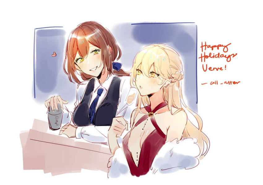 2girls black_vest blonde_hair blue_necktie blue_ribbon blush braid breasts brown_hair champagne_flute cleavage cocktail_shaker coll_(erichankun) collared_shirt commission cup dress drinking_glass english_text french_braid girls&#039;_frontline green_eyes hair_ribbon holding holding_cup long_hair looking_at_another multiple_girls necktie official_alternate_costume ots-14_(girls&#039;_frontline) ots-14_(ruler_of_the_banquet)_(girls&#039;_frontline) parted_lips red_dress ribbon second-party_source shirt simple_background smile springfield_(girls&#039;_frontline) vest white_shirt yellow_eyes