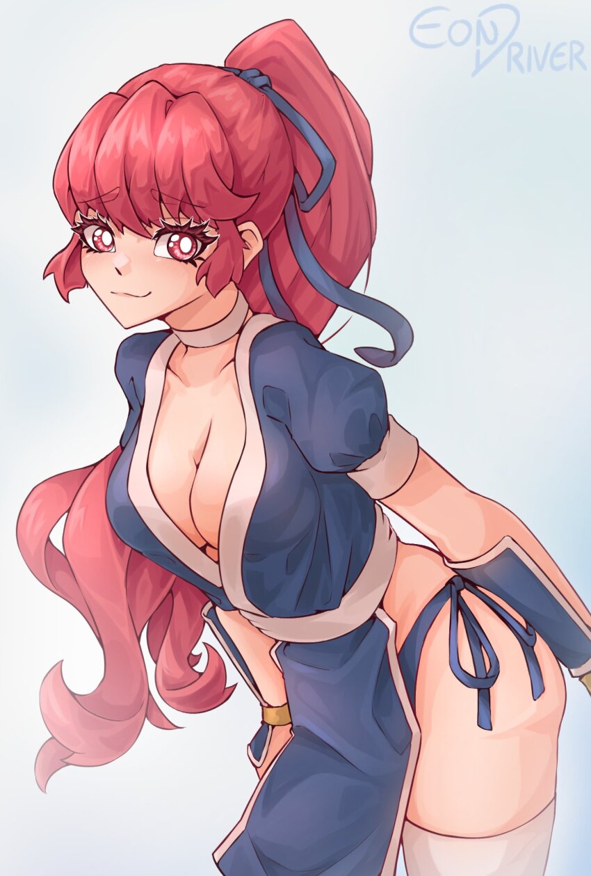 1girl arm_armor artist_name ass bikini blue_background breasts choker cleavage commentary cosplay dead_or_alive eondriver high_ponytail highres kasumi_(doa) kasumi_(doa)_(cosplay) large_breasts light_smile looking_at_viewer name_connection ninja panties pelvic_curtain persona persona_5 persona_5_the_royal ponytail red_eyes red_hair side-tie_bikini_bottom side-tie_panties simple_background smile solo swimsuit thighhighs underwear upper_body white_choker yoshizawa_kasumi