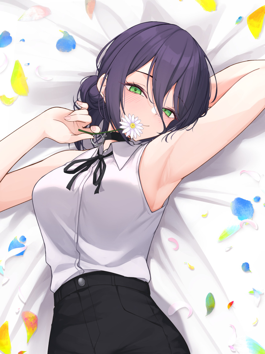 1girl absurdres armpits bare_arms bed_sheet black_choker black_ribbon black_shorts breasts chainsaw_man choker flower gerbera green_eyes hair_between_eyes hair_bun highres holding holding_flower long_hair_between_eyes looking_at_viewer lying medium_breasts neck_ribbon on_back petals purple_hair reze_(chainsaw_man) ribbon shirt shirt_tucked_in shorts single_side_bun sleeveless sleeveless_shirt solo white_flower white_shirt z.m._(zimin)