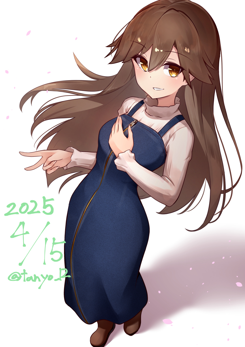 1girl absurdres alternate_costume arashio_(kancolle) blue_dress breasts brown_eyes brown_hair brown_shoes cherry_blossoms dated dress full_body highres kantai_collection long_dress long_hair long_sleeves looking_at_viewer medium_breasts petals shadow shirt shoes sleeveless sleeveless_dress smile solo tanyou white_shirt zipper