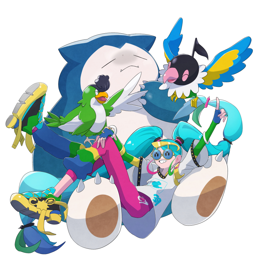 1girl absurdres chatot gen_1_pokemon gen_4_pokemon hatsune_miku highres multicolored_pants nintendo normal_miku_(project_voltage) pants pokemon pokemon_(creature) project_voltage snorlax squawkabilly tottori_otori vocaloid