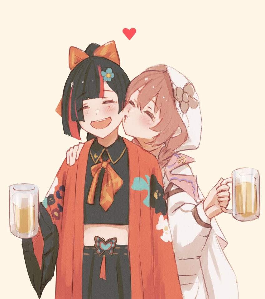 2girls alcohol amayui_moka beer beer_mug black_hair black_shirt black_skirt blouse blunt_bangs blunt_sidelocks blush bow bowtie braid brown_hair choya_hanabi cloak closed_eyes collared_shirt cropped_shirt cup double-parted_bangs facial_mark hair_between_eyes hair_bow hand_on_another&#039;s_shoulder haori heart highres hood hood_up hooded_cloak japanese_clothes kiss kissing_cheek long_sleeves loose_bowtie midriff mug multicolored_hair multiple_girls open_mouth ponytail puffy_long_sleeves puffy_sleeves red_bow red_bowtie red_haori shirt sidelocks simple_background skirt streaked_hair teeth tsubu_(kappunioyu562) twin_braids upper_body upper_teeth_only virtual_youtuber vspo! white_shirt wide_sleeves
