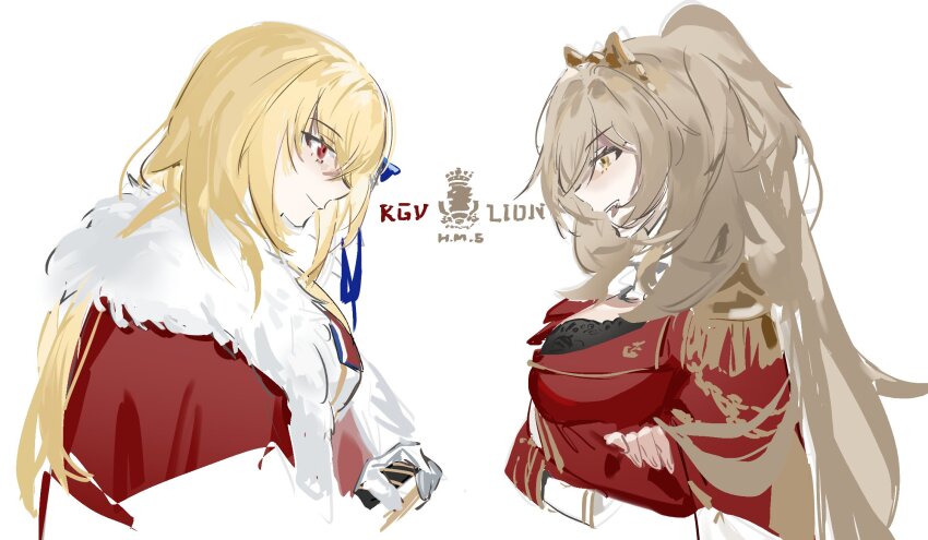 2girls aiguillette azur_lane blonde_hair cape character_name cropped_torso epaulettes from_side fur-trimmed_cape fur_trim fuyutsuki13 gloves highres king_george_v_(azur_lane) lion_(azur_lane) looking_at_another military_uniform multiple_girls orange_eyes red_cape red_eyes royal_navy_emblem_(azur_lane) simple_background sketch white_background white_gloves