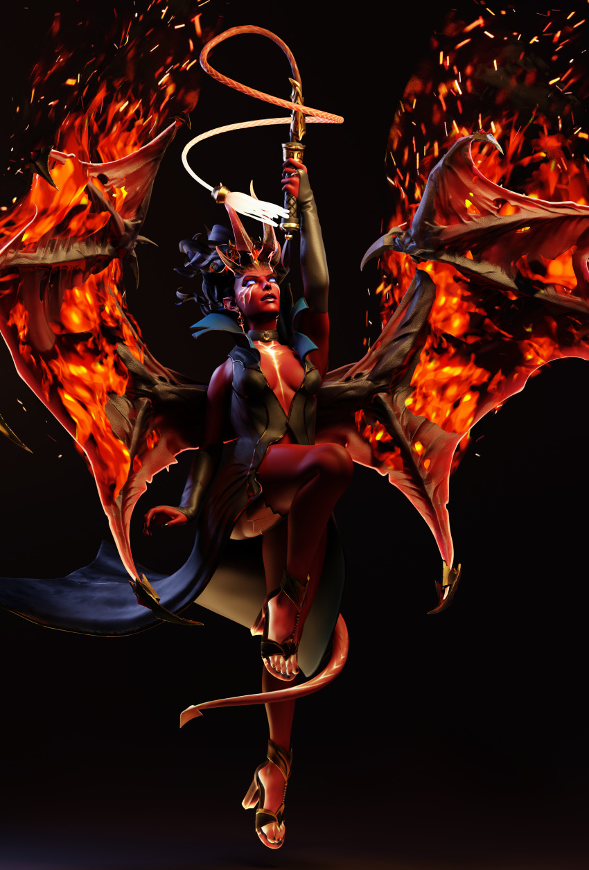 1girl 3d absurdres armor black_hair blue_eyes collar colored_skin demon_girl demon_horns demon_tail demon_wings dota_(series) dota_2 highres horns pointy_ears queen_of_pain_(dota) simple_background solo tail whip wickedrobot wings
