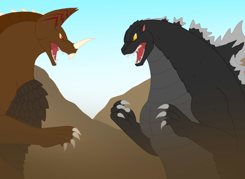 2boys absurdres battle claws crossover duel fighting godzilla godzilla_(series) gomora highres horns kaiju mountain multiple_boys no_humans open_mouth orange_eyes pyrus-leonidas red_eyes scales sharp_teeth single_horn teeth ultra_series ultraman_(1st_series)