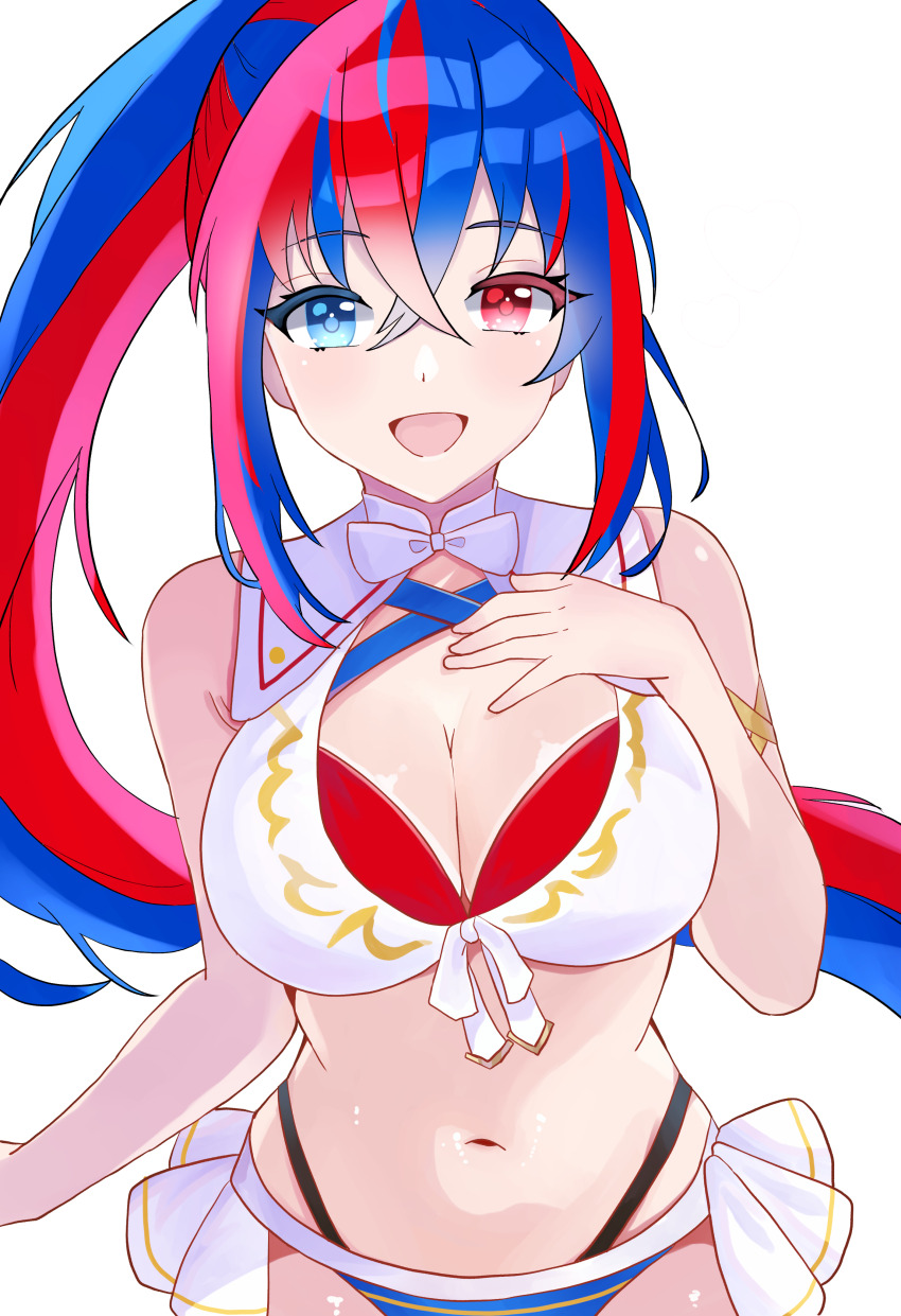 1girl absurdres bikini blue_bikini blue_eyes blue_hair breasts cleavage commentary_request crossed_bangs female_alear_(fire_emblem) female_alear_(seaside_dragon)_(fire_emblem) fire_emblem fire_emblem_engage fire_emblem_heroes hand_on_own_chest heterochromia highres long_hair looking_at_viewer multicolored_hair n_54 navel nintendo official_alternate_costume official_alternate_hairstyle ponytail red_bikini red_eyes red_hair split-color_hair stomach swimsuit transparent_background two-tone_hair very_long_hair white_bikini