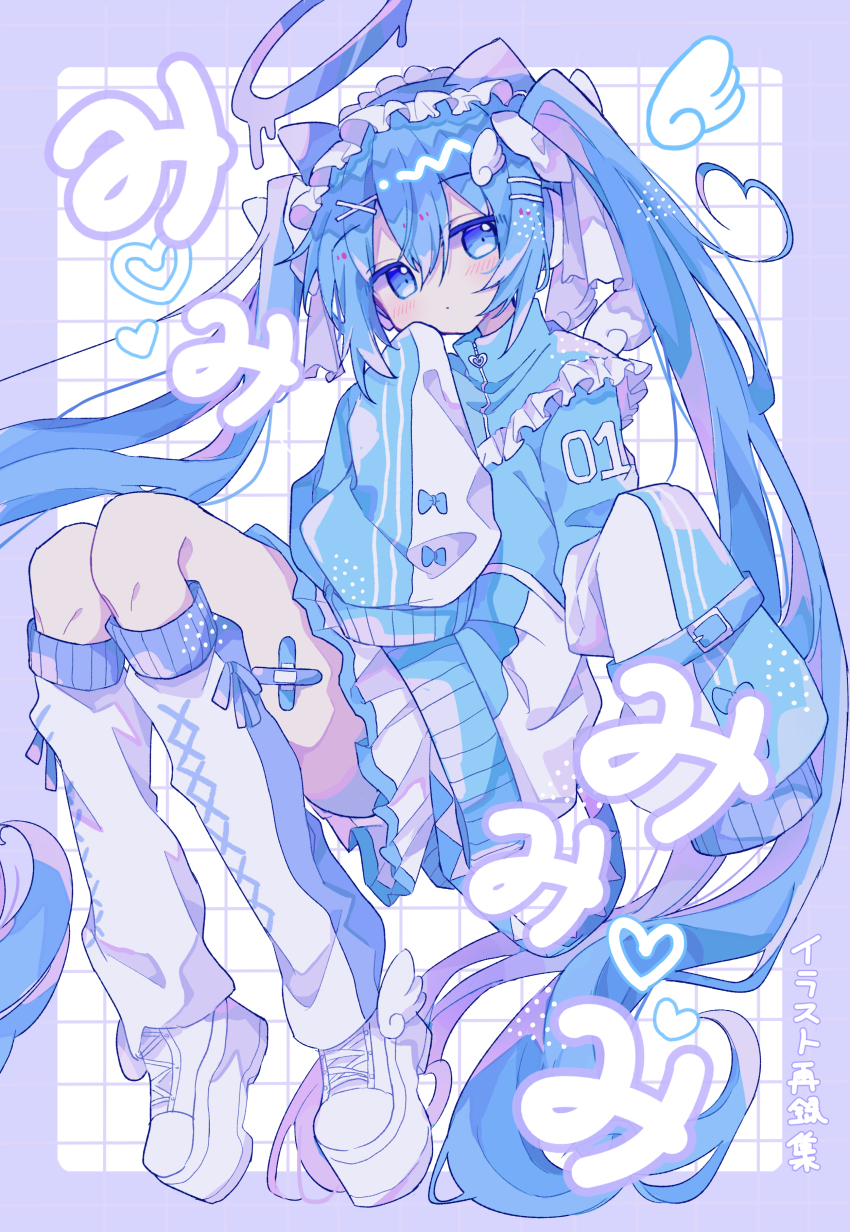 1girl absurdres animal_ears aqua_eyes aqua_hair bandaid_on_thigh bare_shoulders blue_eyes blue_hair blue_theme bow fake_animal_ears full_body futaba969649 grid_background hair_bow hair_ornament hairclip halo hatsune_miku heart highres leg_warmers long_hair looking_at_viewer maid_headdress melting_halo shoes simple_background sleeves_past_fingers sleeves_past_wrists sneakers solo tenshi_kaiwai twintails very_long_hair vocaloid white_shoes wing_hair_ornament x_hair_ornament