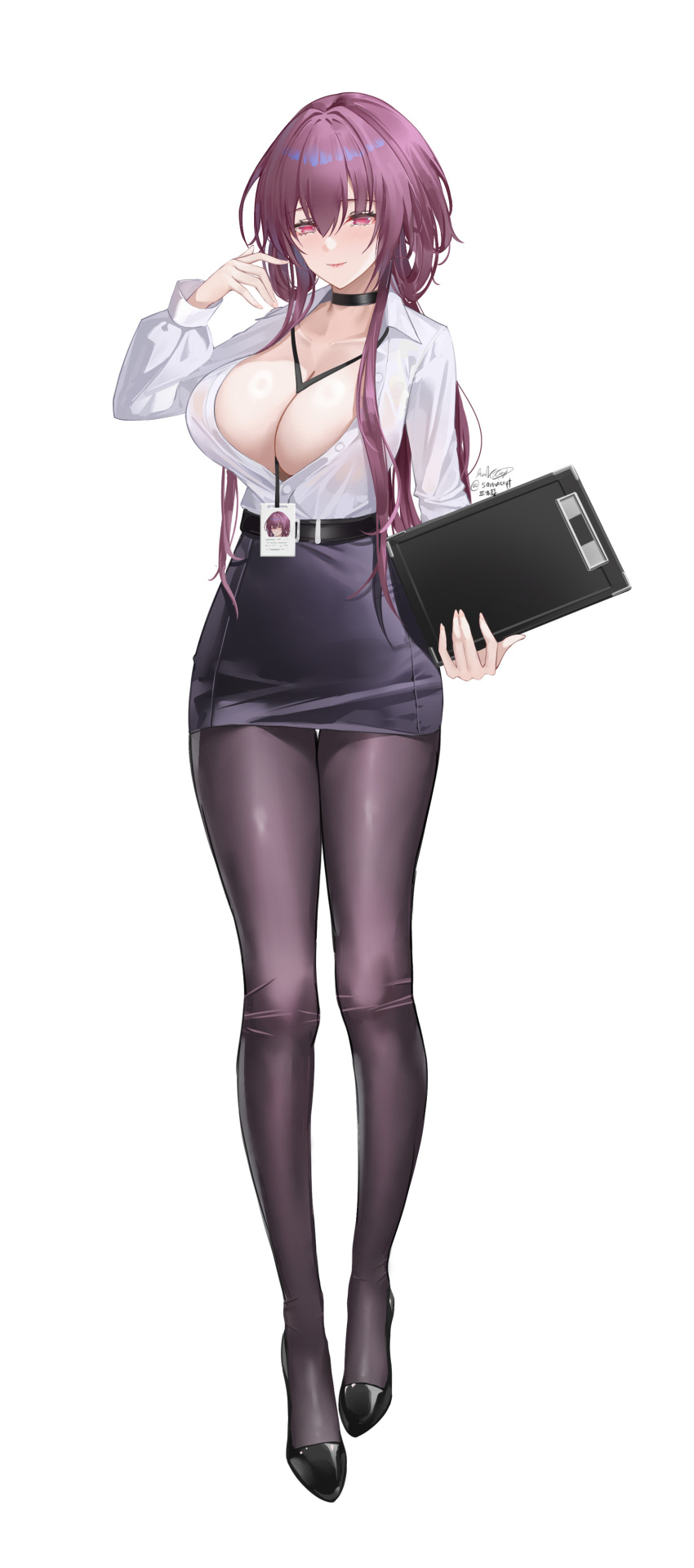 1boy absurdres alternate_costume belt black_belt black_choker black_shoes black_skirt breasts brown_pantyhose choker clipboard collared_shirt commentary facing_viewer full_body highres holding holding_clipboard honkai:_star_rail honkai_(series) id_card kafka_(honkai:_star_rail) lanyard large_breasts long_hair long_sleeves miniskirt office_lady pantyhose pencil_skirt purple_eyes purple_hair sanvicept shirt shoes signature simple_background skirt smile solo standing tachi-e twitter_username white_shirt