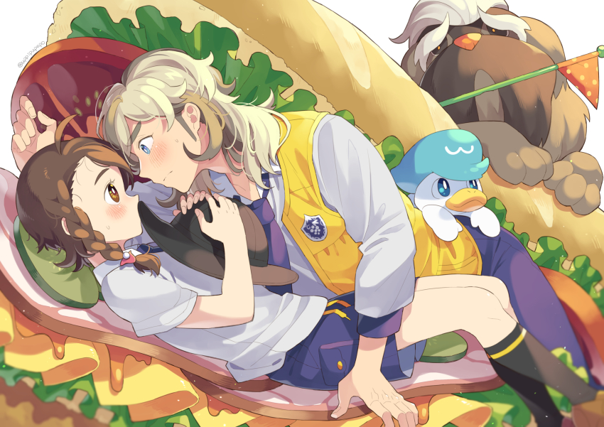 1boy 1girl ahoge arven_(pokemon) bad_id bad_twitter_id blue_eyes blush braid brown_eyes brown_hair cheese eye_contact flag food ham hat highres in_food juliana_(pokemon) lettuce looking_at_another lying mabosstiff multicolored_hair necktie nintendo on_back pants pokemon pokemon_(creature) pokemon_sv purple_pants purple_shorts quaxly sandwich school_uniform shorts side_braid tomato unworn_hat unworn_headwear uppi uva_academy_school_uniform vest white_hair yellow_vest