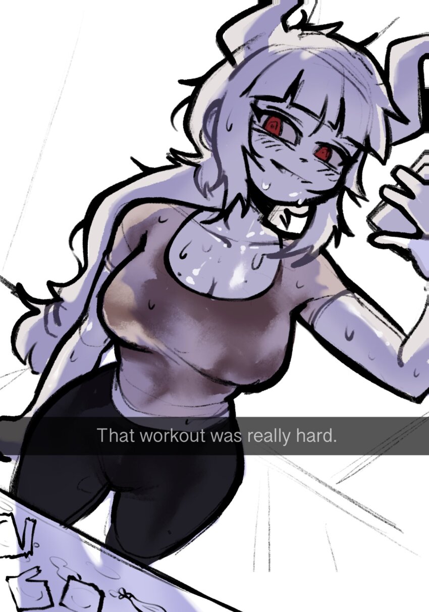 1girl aisan black_pants condom cum helltaker highres horns lucifer_(helltaker) pants red_eyes selfie solo standing sweat used_condom white_hair