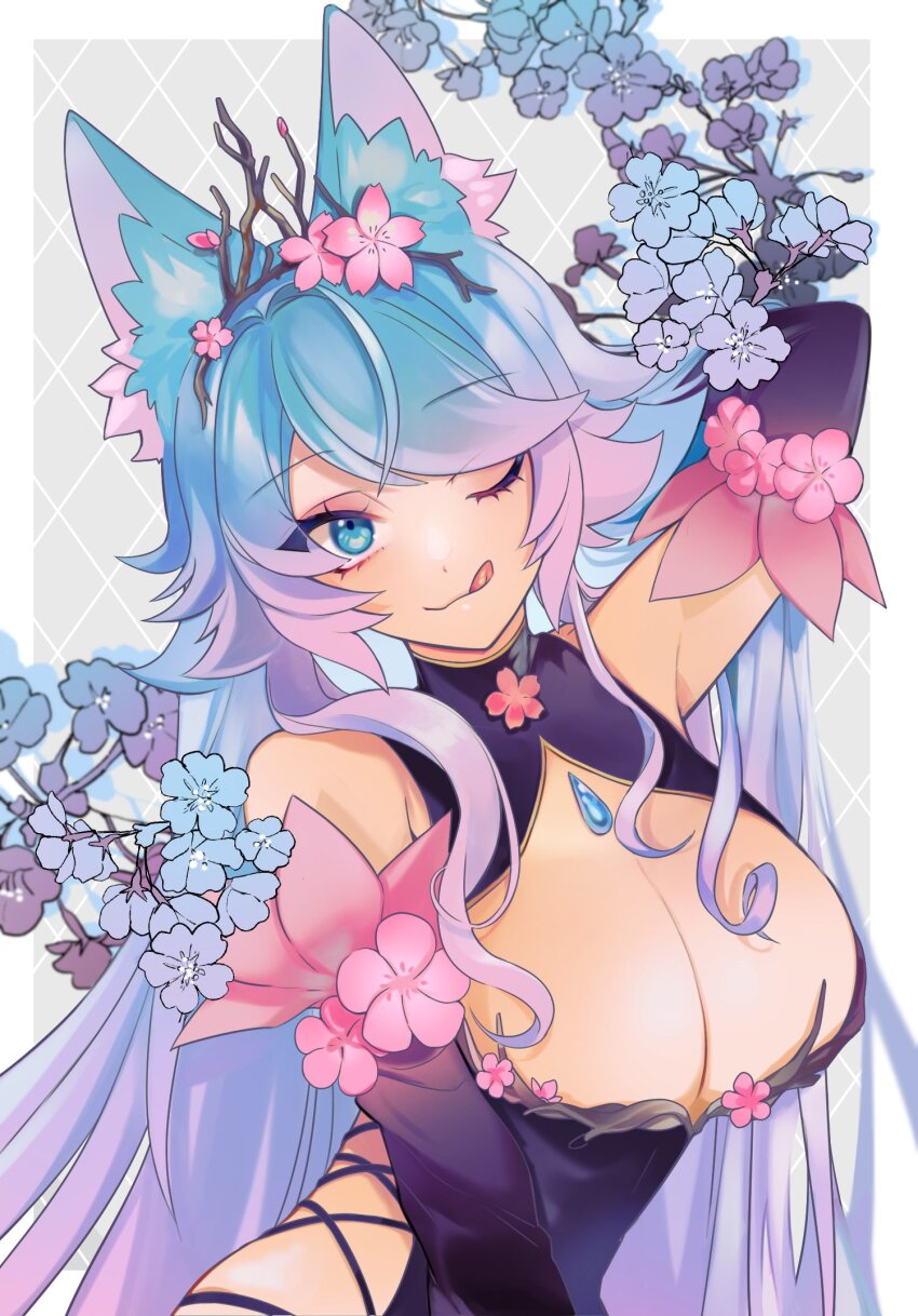1girl animal_ears black_kimono blue_flower blue_hair breasts cleavage flower hair_flower hair_ornament highres indie_virtual_youtuber japanese_clothes kimono large_breasts long_hair looking_at_viewer multicolored_hair nm_tk one_eye_closed pink_hair silvervale silvervale_(sakura_goddess) smile solo streaked_hair tongue tongue_out very_long_hair virtual_youtuber wolf_ears wolf_girl