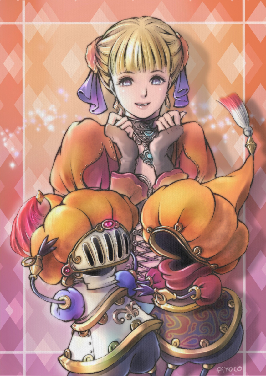 1girl afumau_(final_fantasy) artist_name automaton blonde_hair blue_eyes blunt_bangs earrings final_fantasy final_fantasy_xi fingerless_gloves gloves grey_gloves hands_up highres hume jewelry juliet_sleeves lips long_sleeves mnejing ovjang pink_lips piyoco puffy_sleeves puppetmaster_(final_fantasy) short_hair smile