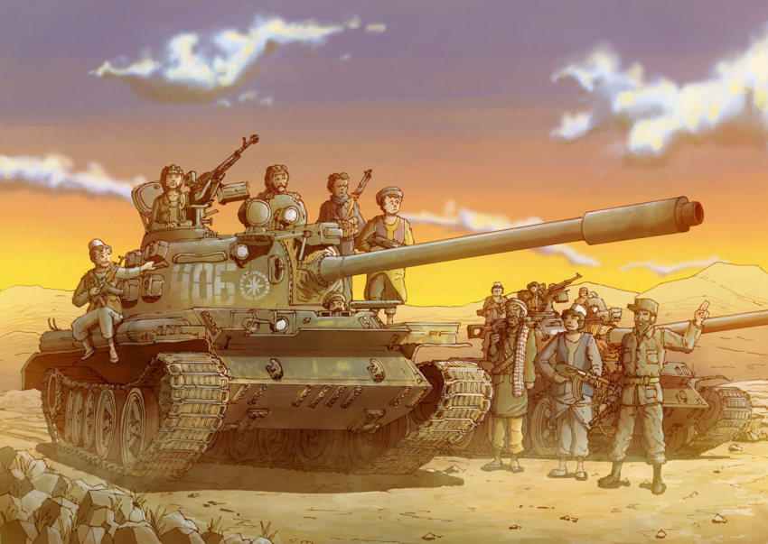 6+boys ak-47 ammunition_belt assault_rifle cloud day dshk earasensha evening grass gun heavy_machine_gun kalashnikov_rifle machine_gun male_focus military military_vehicle motor_vehicle multiple_boys real_life rifle rock sky t-55 tank weapon