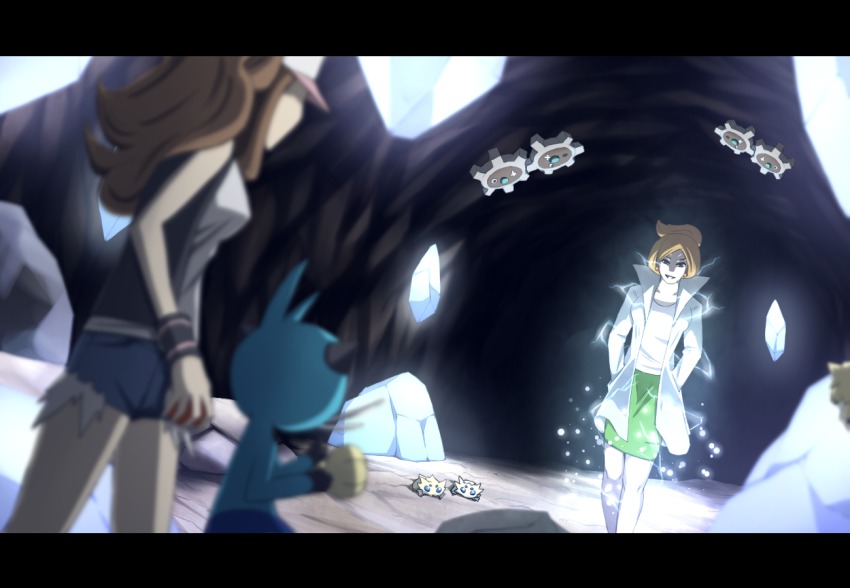 10s 2girls aurea_juniper bad_id bad_pixiv_id baseball_cap blonde_hair blurry brown_hair depth_of_field dewott dutch_angle electricity foreshortening gen_5_pokemon hands_in_pockets hat hilda_(pokemon) joltik klink lab_coat letterboxed long_hair multiple_girls nikawa_99-do nintendo perspective pokemon pokemon_(creature) pokemon_bw sparkle sparks