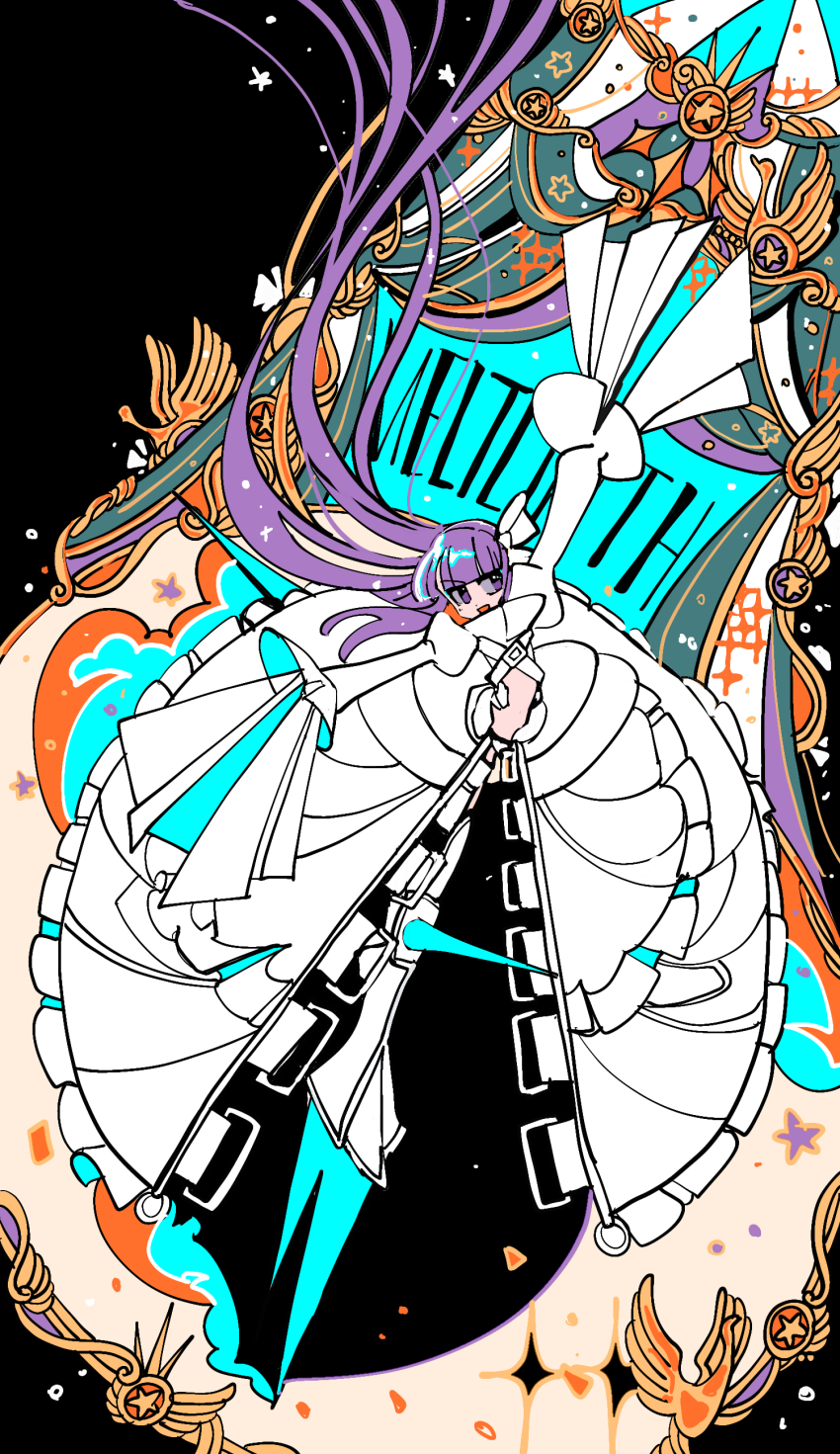 1girl :d absurdres arm_up blunt_bangs bow character_name coat curtains fate/grand_order fate_(series) floating_hair full_body hair_bow highres ima_mo_nao_kangaechuu juliet_sleeves knee_spikes leg_blade limited_palette long_hair long_sleeves looking_to_the_side meltryllis_(fate) meltryllis_(third_ascension)_(fate) open_mouth outstretched_arm prosthesis prosthetic_leg puffy_sleeves purple_eyes purple_hair sleeves_past_fingers sleeves_past_wrists smile solo sparkle very_long_hair white_bow white_coat