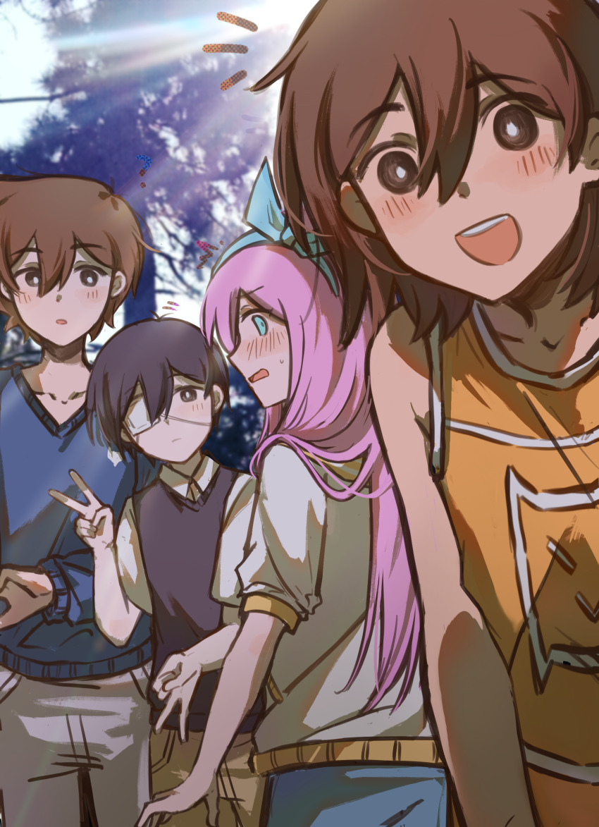 1girl 3boys :d ? absurdres antenna_hair aubrey_(faraway)_(omori) aubrey_(omori) bailan1130 bare_arms bare_shoulders black_eyes black_hair black_sweater_vest blue_eyes blue_hairband blue_sweater blush bow_hairband bright_pupils brothers brown_eyes brown_hair closed_mouth collarbone collared_shirt cowboy_shot day double-parted_bangs double_v grey_pants hair_behind_ear hair_between_eyes hairband hero_(faraway)_(omori) hero_(omori) highres kel_(faraway)_(omori) kel_(omori) long_hair long_sleeves looking_at_viewer looking_back multiple_boys no_sclera notice_lines omori open_mouth orange_tank_top outdoors pants photo_background pink_hair profile puffy_long_sleeves puffy_sleeves shirt short_hair short_sleeves siblings smile spoilers standing sunny_(omori) sweatdrop sweater sweater_vest tank_top teeth tree upper_body upper_teeth_only v v-neck white_pupils white_shirt white_trim