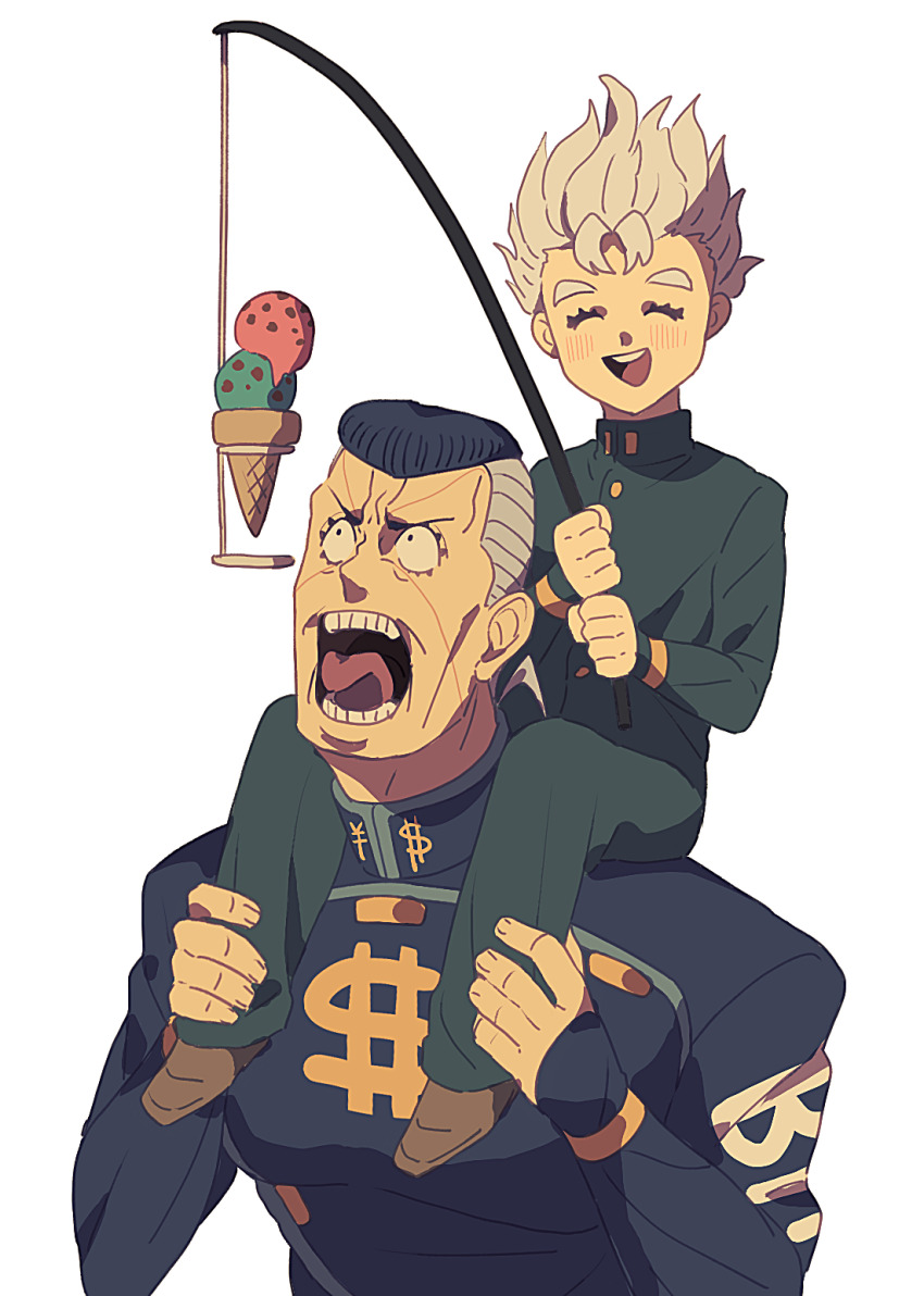 2boys black_hair carrying diamond_wa_kudakenai dollar_sign earrings facial_mark fishing_line fishing_rod food gakuran grey_hair highres hirose_koichi holding holding_fishing_rod ice_cream jewelry jojo_no_kimyou_na_bouken male_focus multicolored_hair multiple_boys nijimura_okuyasu open_mouth pompadour school_uniform shoulder_carry siniy two-tone_hair white_hair yen_sign