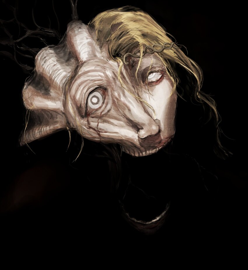 1boy absurdres black_background blonde_hair circlet commentary corruption elden_ring english_commentary godwyn_the_golden gold_circlet highres horror_(theme) jewelry long_hair looking_at_viewer open_mouth prince prince_of_death_(elden_ring) rolling_eyes satsu-strive teeth transformation undead white_eyes