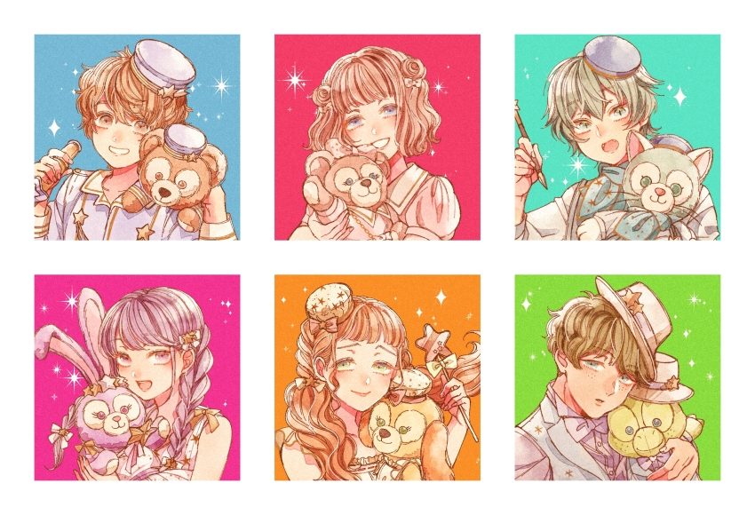 3boys 4girls animal_ears animification bow cookieann duffy_and_friends duffy_the_disney_bear gelatoni highres holding humanization linabell long_hair long_sleeves looking_at_viewer mizala multiple_boys multiple_girls olu_mel purple_eyes purple_hair rabbit_ears shelliemay shirt short_hair smile standing stellalou stuffed_animal stuffed_toy