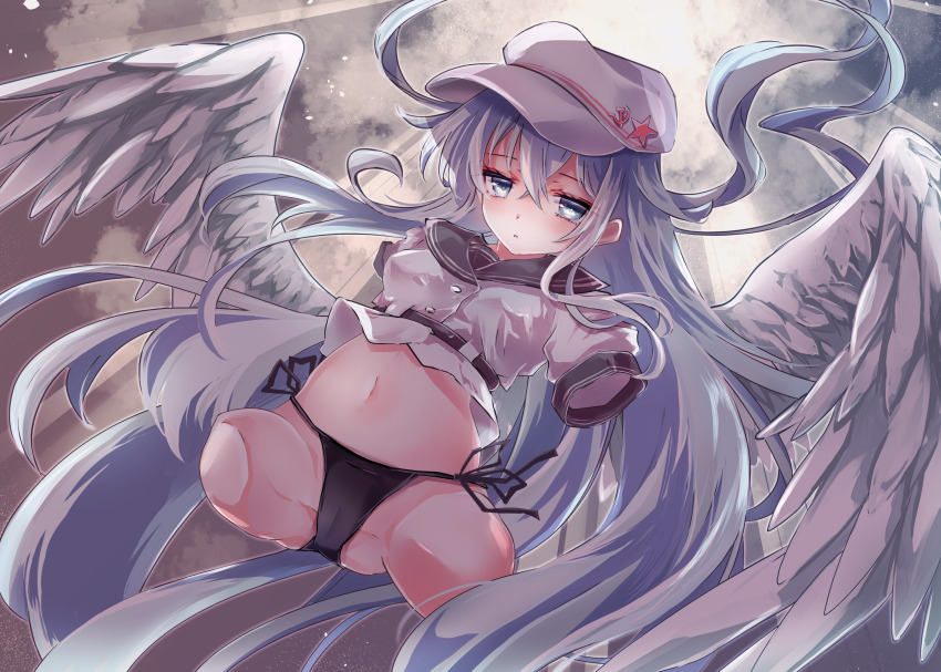1girl absurdres amputee black_panties blue_eyes breasts commission feathered_wings flat_cap grey_hair hair_between_eyes hammer_and_sickle hat hibiki_(kancolle) highres kantai_collection long_hair meguri_uguisu navel panties quadruple_amputee red_star short_sleeves side-tie_panties skeb_commission small_breasts solo star_(symbol) underwear verniy_(kancolle) very_long_hair white_hat white_wings wings
