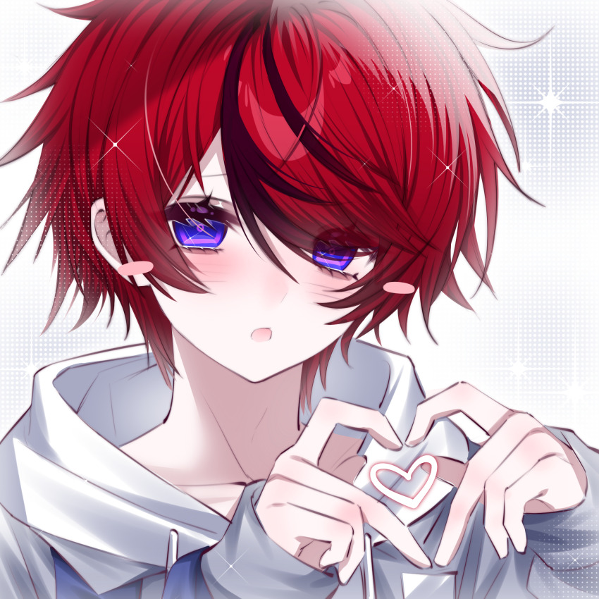 1boy black_hair blue_eyes blush blush_stickers collarbone drawstring grey_jacket hair_between_eyes heart heart_hands highres hood hood_down hoodie jacket jacket_over_hoodie long_sleeves male_focus multicolored_hair open_clothes open_jacket open_mouth qi_(qi29317052) red_hair short_hair solo sparkle streaked_hair sumino_takumi the_hundred_line_-last_defense_academy- two-tone_hair white_hoodie