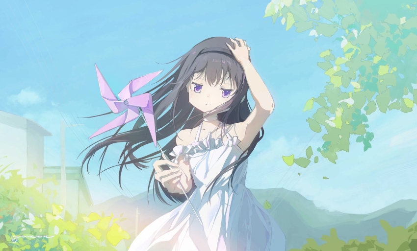 1girl akemi_homura alternate_costume armpits bare_arms bare_shoulders black_hair black_hairband blue_sky bush choker closed_mouth cloud commentary cowboy_shot day dot_nose dress floating_hair frilled_armlet frilled_dress frills hairband hand_on_own_head happy highres holding holding_pinwheel house jitome long_hair mahou_shoujo_madoka_magica mahou_shoujo_madoka_magica_(anime) mountainous_horizon outdoors pinwheel pleated_dress power_lines purple_eyes ribbon sidelocks sky smile solo standing sundress tree very_long_hair white_choker white_dress white_ribbon wind yujxue
