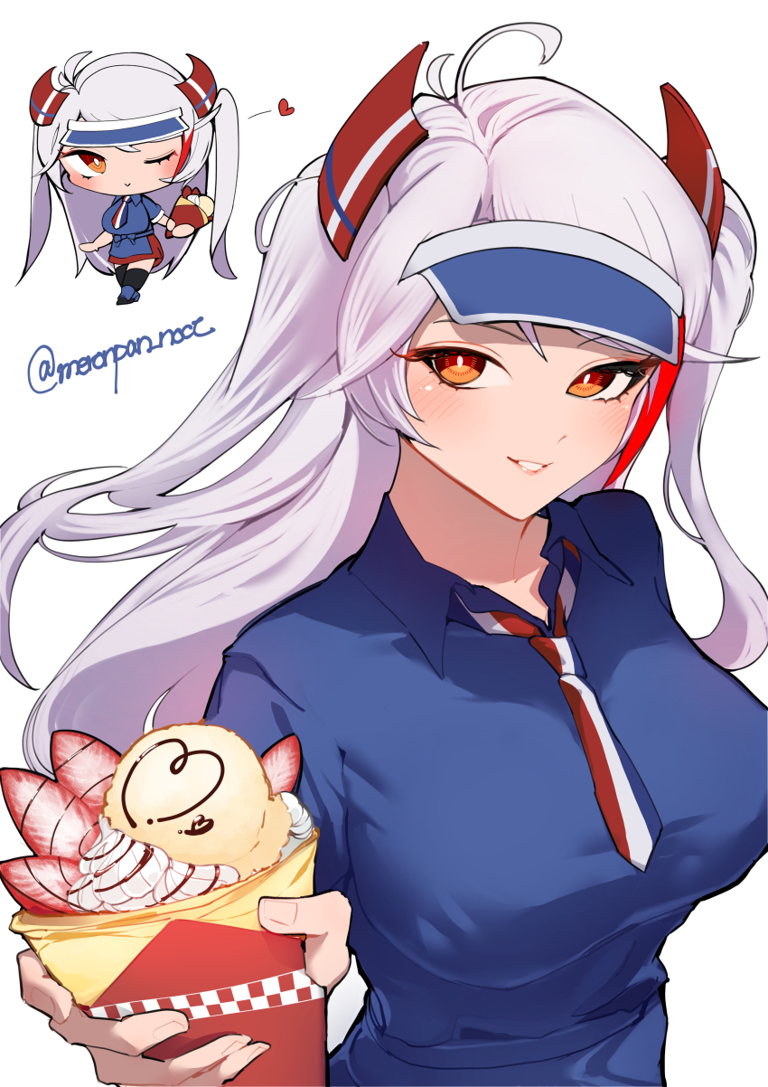 1girl absurdres antenna_hair azur_lane blue_shirt breasts chibi chibi_inset chocolate_syrup food fruit highres holding holding_food holding_ice_cream holding_ice_cream_cone ice_cream ice_cream_cone large_breasts long_hair looking_at_viewer multicolored_hair multiple_scoops necktie nocturnal_melonpan polo_shirt prinz_eugen_(azur_lane) red_hair shirt soft_serve strawberry strawberry_slice streaked_hair twitter_username two_side_up very_long_hair visor_cap waffle_cone white_hair