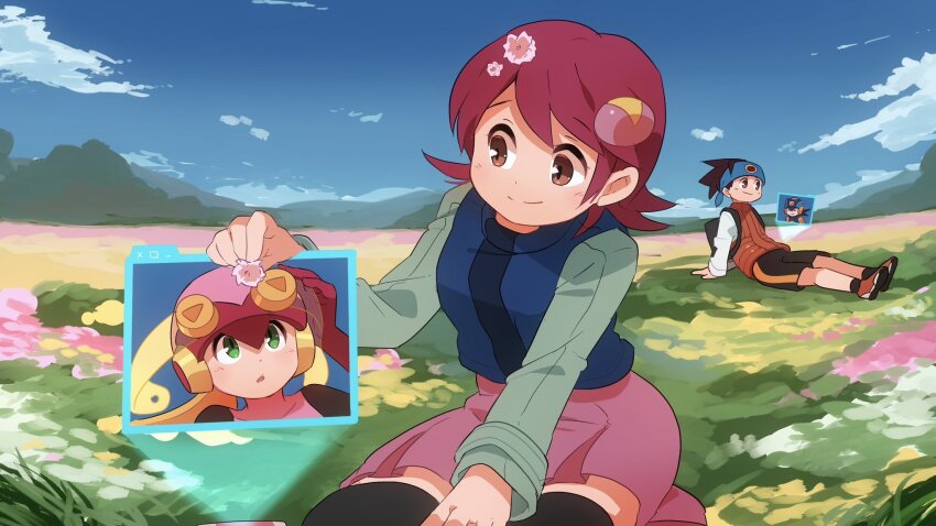 2boys 2girls 3suisousui black_shorts black_thighhighs blonde_hair blue_bodysuit blue_headband blue_helmet blue_vest blurry blurry_background bodysuit brown_eyes brown_hair close-up closed_eyes cloud emblem flower green_eyes green_shirt hair_flower hair_ornament headband helmet highres holographic_interface holographic_touchscreen lan_hikari_(mega_man) long_hair long_sleeves mayl_sakurai_(mega_man) mega_man_(series) mega_man_battle_network_(series) megaman.exe mountain multiple_boys multiple_girls orange_vest pink_bodysuit pink_helmet pink_skirt red_hair roll.exe_(mega_man) shirt short_hair shorts sitting skirt sky smile thighhighs vest white_shirt