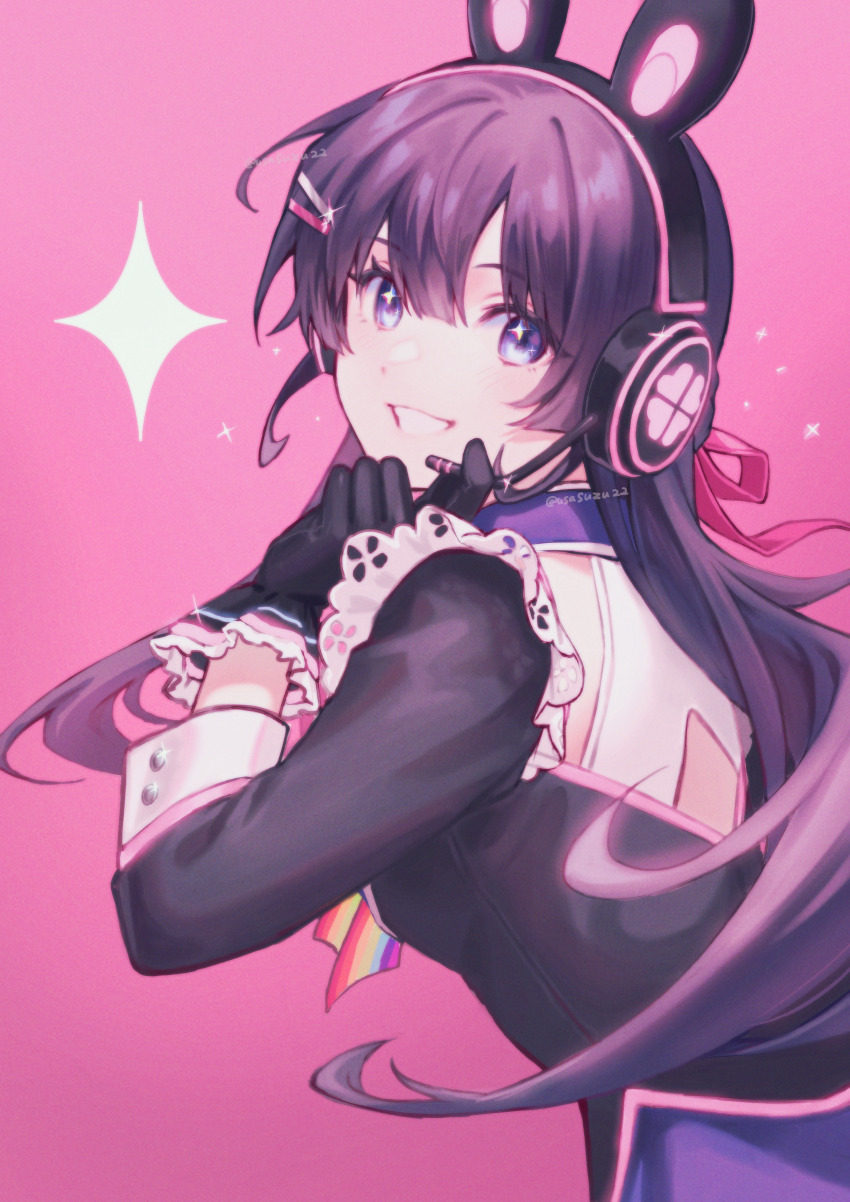 1girl absurdres animal_ear_headphones animal_ears black_gloves black_hair black_shirt blue_eyes commentary_request fake_animal_ears frilled_gloves frills from_side glint gloves grin hair_ornament hair_ribbon hairpin hand_up headphones highres holding holding_microphone lace lace-trimmed_shirt lace_trim long_sleeves looking_at_viewer looking_to_the_side microphone multiple_hairpins nijisanji pink_background pink_ribbon pink_trim rabbit_ear_headphones rainbow_ribbon ribbon shirt simple_background sleeve_cuffs smile solo sparkle sparkling_eyes tsukino_mito tsukino_mito_(idol_2.0) turning_head twitter_username upper_body usasuzu virtual_youtuber