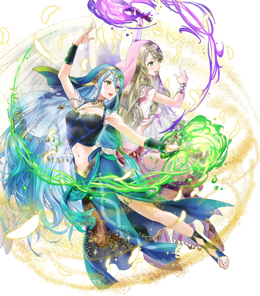 2girls azura_(fire_emblem) azura_(hatari)_(fire_emblem) blonde_hair blue_eyes breasts capelet detached_collar dress feathered_wings fire fire_emblem fire_emblem:_radiant_dawn fire_emblem_fates fire_emblem_heroes full_body gold_trim green_eyes habit highres holding jewelry kaya8 leanne_(fire_emblem) leanne_(hatari)_(fire_emblem) long_hair medium_breasts midriff multiple_girls navel necklace nintendo non-web_source official_art pantyhose see-through_clothes stomach toes torch transparent_background very_long_hair wings yellow_eyes