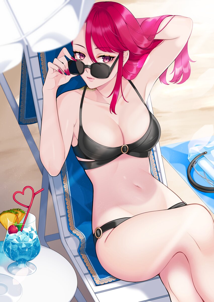 1girl absurdres artist_request beach bikini breasts cleavage highres medium_breasts nail_polish navel red_eyes red_hair sunglasses swimsuit yun_tokageno