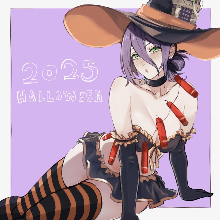 1girl 2025 absurdres black_bra black_choker black_gloves black_hat black_skirt black_thighhighs bra breasts cable chainsaw_man choker dynamite elbow_gloves explosive fuse gloves green_eyes grenade_pin hair_between_eyes hair_bun halloween halloween_costume hat highres medium_breasts open_mouth orange_thighhighs purple_hair reze_(chainsaw_man) sif221 skirt solo striped_clothes striped_thighhighs thighhighs two-tone_thighhighs underwear witch_hat