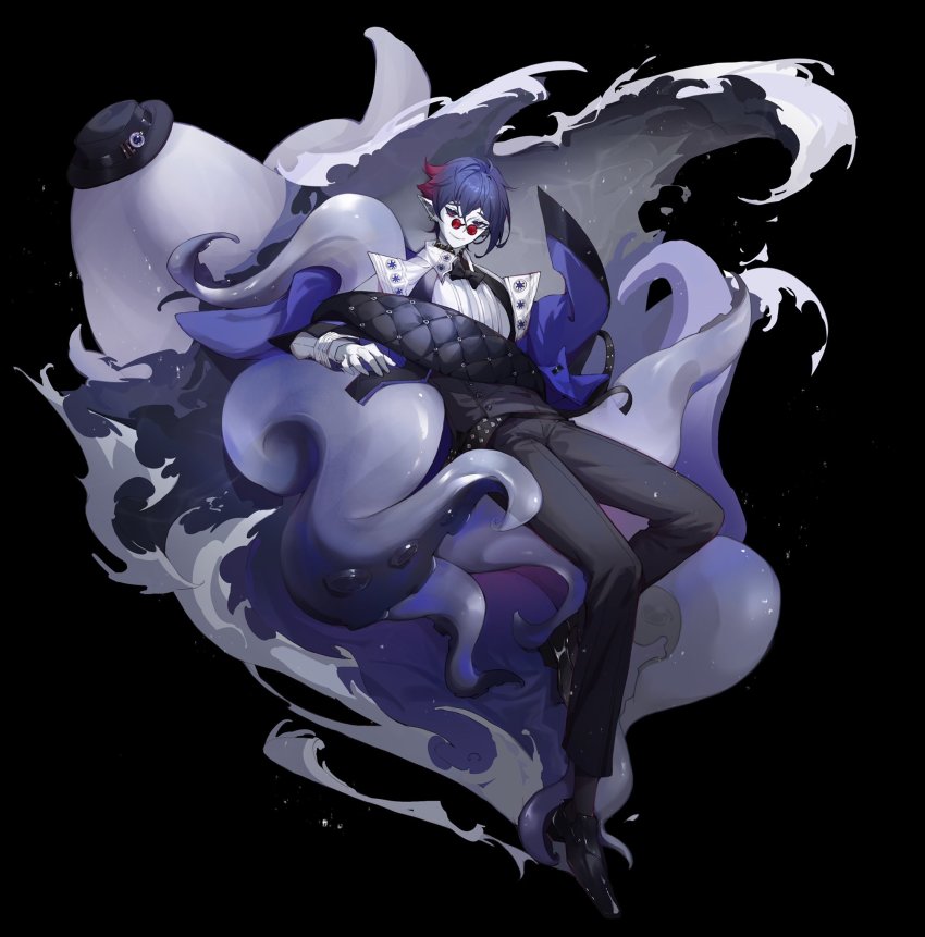 1boy alchemy_stars belt black_background black_bow black_bowtie black_hat black_pants black_shoes black_socks blue_hair bow bowtie closed_mouth ear_piercing full_body glasses gradient_hair hat highres jyisheng kleken_(alchemy_stars) loafers long_sleeves looking_at_viewer male_focus multicolored_hair pale_skin pants piercing pince-nez pointy_ears red-tinted_eyewear red_eyes sash shirt shoes short_hair smile socks solo tentacles tinted_eyewear unworn_headwear vest white_shirt