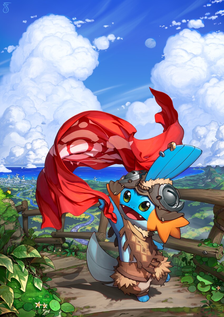 absurdres artist_logo blue_sky brown_hat brown_pants brown_poncho clothed_pokemon cloud cloudy_sky commentary cumulonimbus_cloud english_commentary fence field fin_piercing flag flower fur-trimmed_headwear fur-trimmed_pants fur-trimmed_poncho fur_trim gen_3_pokemon grass green_eyes hat high_up highres holding holding_flag landscape lily_pad logo looking_to_the_side moss mountain mudkip nintendo no_humans ocean pants pokemon realspacejunk red_flag river scenery sky standing standing_on_one_leg town white_flower windmill wooden_fence wooden_stairs