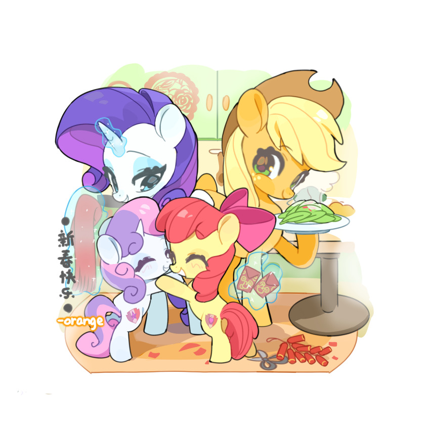 ^_^ absurdres animal animal_focus apple_bloom applejack artist_name blonde_hair blue_eyes blue_eyeshadow border bow brown_hat cabinet chengzi82020 chinese_commentary chinese_text closed_eyes closed_mouth commentary_request cowboy_hat curly_hair cutie_mark eyeshadow face-to-face facing_another full_body green_eyes grin hair_bow hat highres holding holding_plate indoors leaf long_hair looking_at_another looking_at_viewer magic makeup multicolored_hair my_little_pony my_little_pony:_friendship_is_magic no_humans outside_border pink_bow pink_hair plate pony_(animal) purple_hair rarity_(my_little_pony) red_hair red_scarf red_tail scarf siblings sisters smile streaked_hair sweetie_belle table translation_request two-tone_hair unicorn white_border