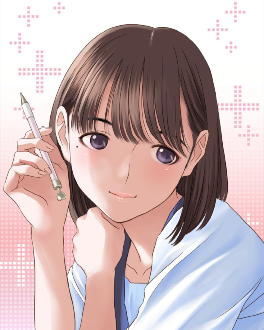 1girl anegasaki_nene blue_sailor_collar blush brown_hair clenched_hand closed_mouth collarbone gradient_background hands_up highres holding holding_pen looking_to_the_side love_plus medium_hair mole mole_under_eye official_art pen pink_background plus_sign portrait purple_eyes sailor_collar school_uniform serafuku solo white_background