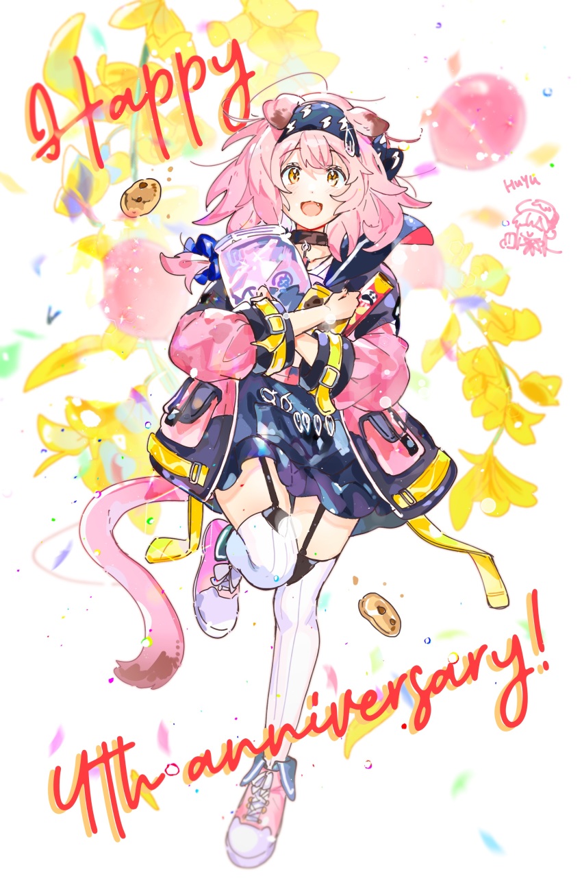 1girl :3 :d absurdres animal_ears arknights black_hairband black_skirt blue_bow bow braid cat_ears cat_tail cookie food garter_belt goldenglow_(arknights) hair_bow hair_ornament hairband hairclip happy_anniversary highres jacket lightning_bolt_symbol looking_at_viewer open_mouth pink_hair pink_jacket pink_shoes shoes skirt smile sneakers solo tail thighhighs wed_(lim38869577) white_thighhighs