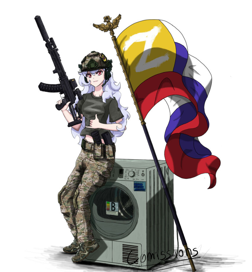 1girl ak-74 alpha_(alpha_1918) ammunition ammunition_belt ammunition_pouch asouprus assault_rifle belt black_shirt boots camouflage camouflage_pants collarbone combat_boots combat_helmet commission digital_camouflage flag flagpole fluffy fluffy_hair gun hair_ornament helmet highres holding holding_gun holding_weapon kalashnikov_rifle light_smile lips long_hair midriff midriff_peek military military_uniform neck optical_sight original pants pocket pouch red_eyes red_lips rifle russia russian_empire russian_flag russian_ground_forces russo-ukrainian_war shaka_sign shirt short_sleeves sitting smile soldier standing suppressor t-shirt very_long_hair war washing_machine waving_flag weapon white_hair z_(russian_symbol)
