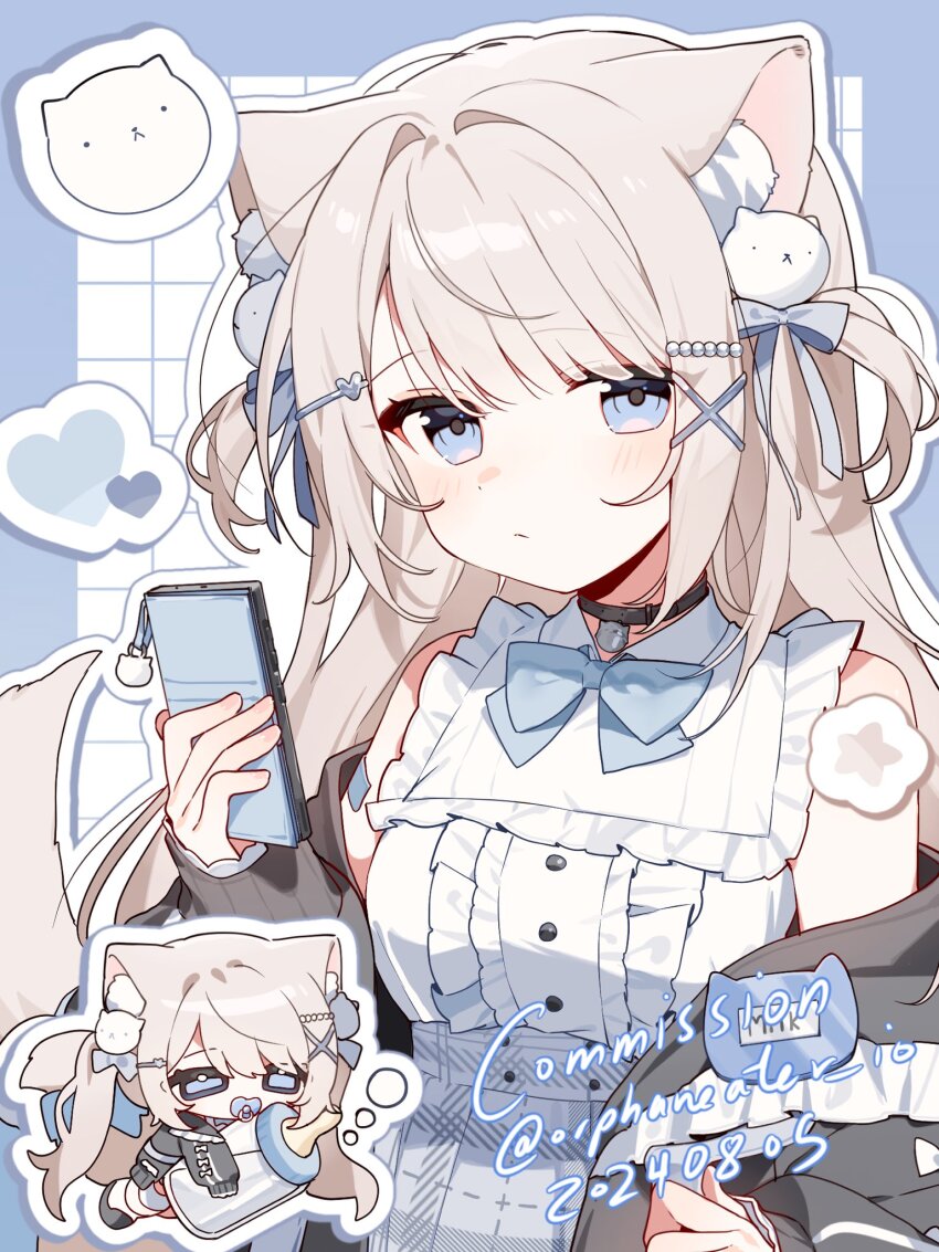 1girl animal_ear_fluff animal_ears bare_shoulders bib_collar black_choker black_jacket blonde_hair blue_background blue_bandaid blue_bow blue_bowtie blue_eyes bow bowtie breasts buttons cat_ears cat_girl cat_hair_ornament cat_tail cellphone center_frills chibi chibi_inset choker closed_mouth commentary commission dated english_commentary frills grid_background hair_bow hair_ornament hairclip hand_up heart heart_hair_ornament high-waist_skirt highres holding holding_phone jacket jacket_partially_removed long_hair looking_at_viewer original orphaneater_io outline phone plaid_clothes plaid_skirt shirt sidelocks skirt sleeveless sleeveless_shirt small_breasts star_(symbol) swept_bangs tail twitter_username very_long_hair white_background white_outline white_shirt white_skirt x_hair_ornament