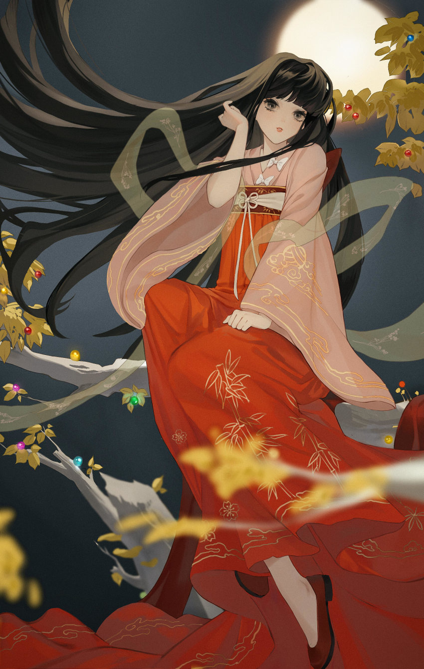 1girl bamboo_print black_eyes black_hair blunt_bangs bow branch cherry_blossom_print chinese_clothes cloud_print collared_shirt dress flats floating_hair floral_print full_body full_moon hagoromo hand_on_own_hip hand_on_own_knee hand_up hanfu highres hime_cut houraisan_chouko houraisan_kaguya in_tree japanese_clothes jeweled_branch_of_hourai kimono knee_up lips long_hair long_skirt long_sleeves moon obi parted_lips pink_shirt qixiong_ruqun red_dress red_shoes red_skirt ribbon sash see-through_clothes shawl shirt shoes short_kimono sitting sitting_in_tree sitting_on_branch skirt solo touhou tree very_long_hair white_bow white_ribbon wide_sleeves