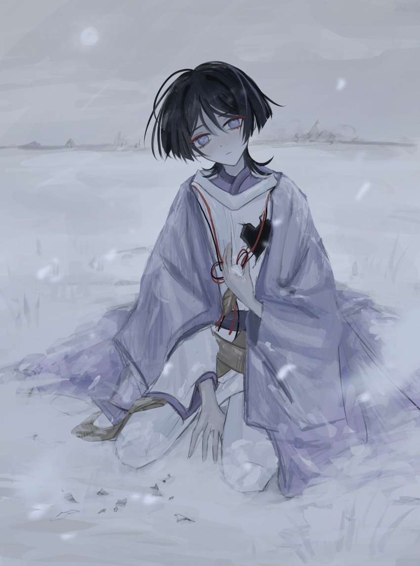 1boy black_hair blunt_ends brown_sash closed_mouth clutching_chest empty_eyes expressionless eyelashes eyeliner eyeshadow feathers genshin_impact hand_on_ground hand_on_own_chest head_tilt highres hole_in_chest hole_on_body horizon japanese_clothes kariginu kimono layered_kimono layered_sleeves long_sleeves looking_at_viewer makeup male_focus outdoors pale_skin pants pom_pom_(clothes) purple_eyes purple_kimono purple_sash purple_sleeves purple_veil red_eyeliner red_eyeshadow sash scaramouche_(genshin_impact) scaramouche_(kabukimono)_(genshin_impact) seiza sitting snow snowing solo string veil white_pants white_sleeves winter yellow_feathers yoruli_e