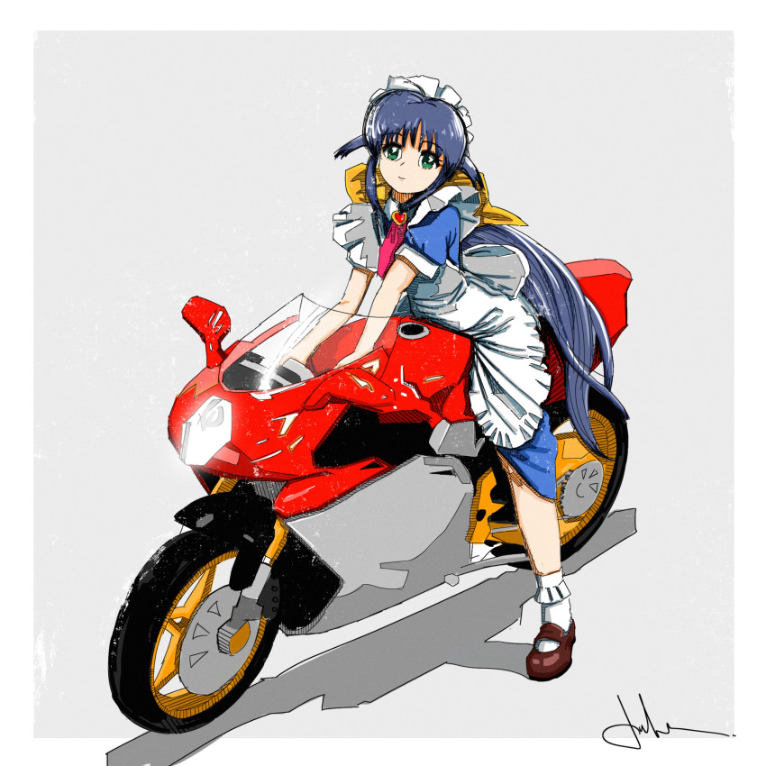 1girl andou_mahoro apron blue_hair bow green_eyes highres long_hair mahoromatic maid maid_apron maid_headdress motor_vehicle motorcycle sergey_orlov shoes socks very_long_hair yellow_bow
