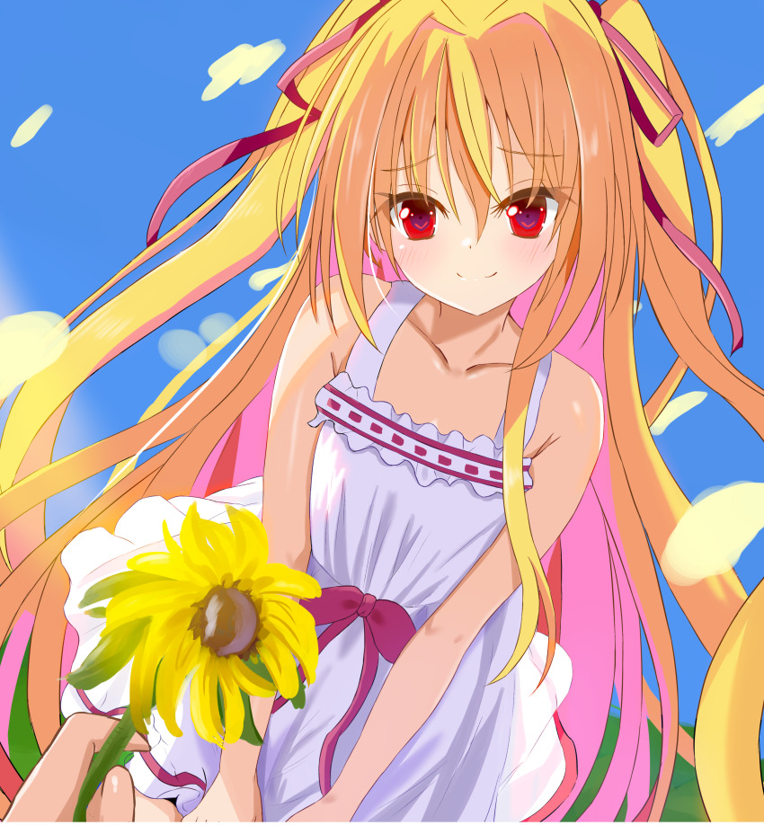 1girl 1other absurdres armpit_crease bare_arms bare_shoulders blonde_hair blue_sky blush closed_mouth collarbone colored_eyelashes commentary_request cowboy_shot day dress dutch_angle eyes_visible_through_hair floating_hair flower hair_between_eyes hair_intakes hair_ribbon happy highres holding holding_flower irotoridori_no_sekai long_hair looking_at_viewer nikaidou_shinku outdoors raised_eyebrows red_eyes red_ribbon ribbon sakuratoru sky sleeveless sleeveless_dress smile solo_focus spaghetti_strap split_mouth straight_hair sundress sunflower textless_version two_side_up v_arms very_long_hair white_dress