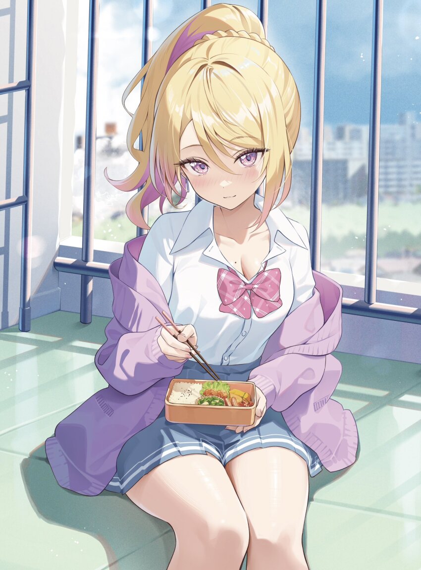 1girl ale_nqki ano_koro_ii_kanji_datta_joshi-tachi_to_onaji_class_ni_narimashita bare_legs blonde_hair blue_sky bow bowtie breasts building cardigan cherry chopsticks cleavage colored_inner_hair curly_hair dress_shirt food fruit hanazono_yuuka handrail highres holding holding_bento holding_chopsticks light_blush light_smile long_hair mole mole_on_breast multicolored_hair novel_illustration off_shoulder official_art open_cardigan open_clothes pleated_skirt ponytail purple_eyes purple_hair rice school_uniform second-party_source shirt sitting skirt sky solo